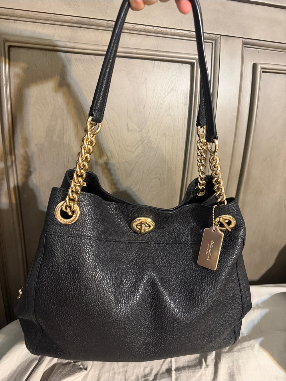 Black Coach Turnlock Edie Pebble Leather Bag
